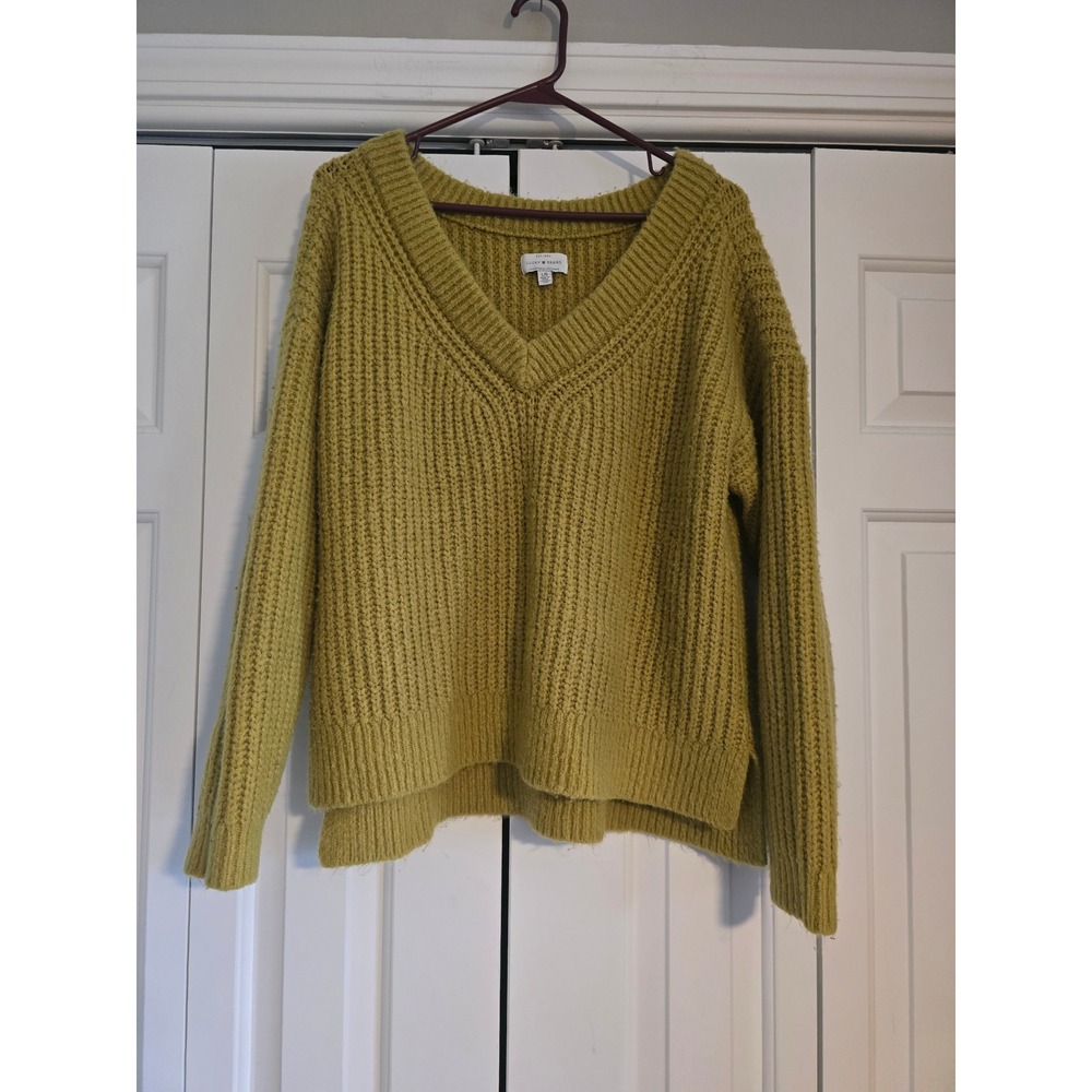 Lucky Brand Womens Mustard Yellow Shaker Knit V-Neck Sweater Large L Relaxed Fit